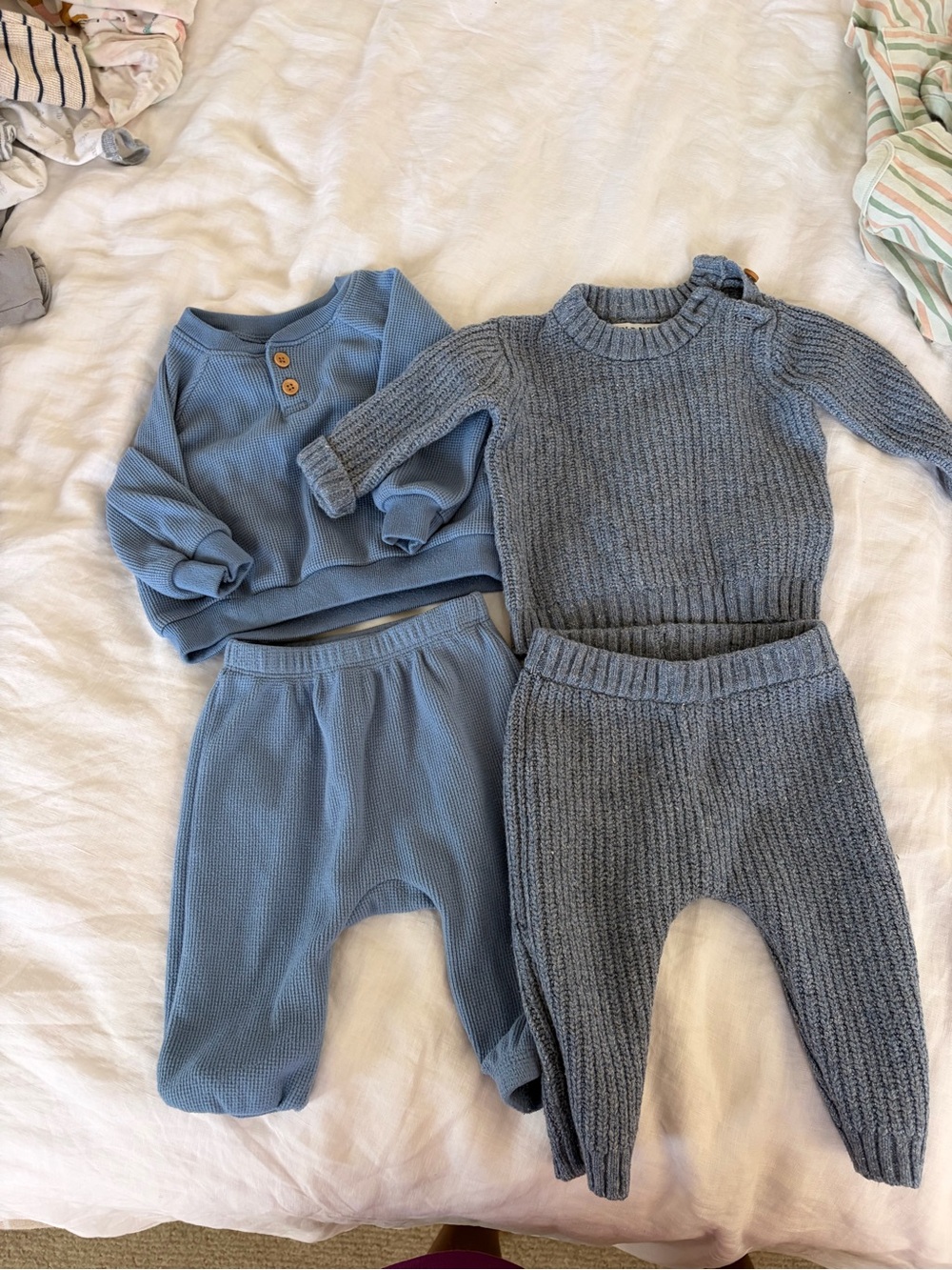 Baby Two-Piece Knit Set & Waffle Top in Dusty Blue. Fall Romper set